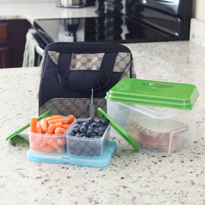 FIT & FRESH™ Downtown Insulated Bag Combo - Keep your meal fresh on the go with this insulated bag and container set.  Attractive and stylish, the zip-top bag holds a larger plastic food container, two additional 1-cup containers with lids and freezable icepack.